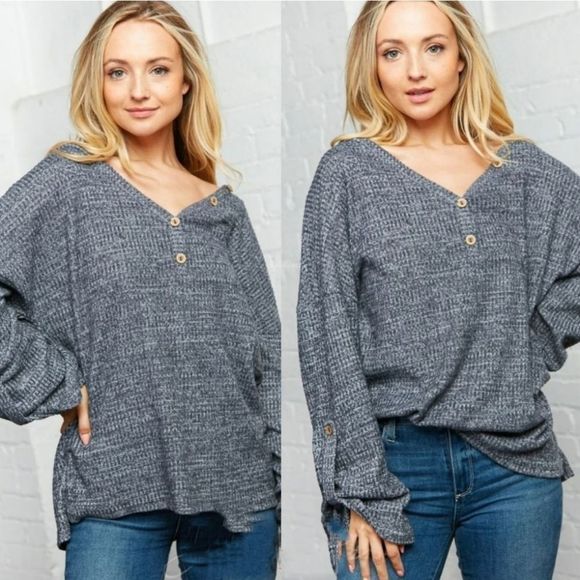 Charcoal Waffle Brushed Button V-Neck Top - Picture 2 of 4